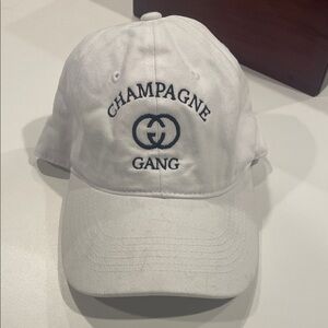 White Champagne Gang Cap hat with black writing